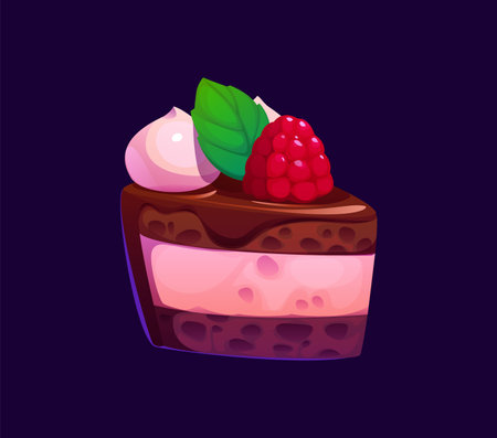 Cartoon valentine cake, candy sweets, confectionery. Vector delectable slice of chocolate cake with pink fruity filling, topped with a fresh raspberry and a mint leaf. Dessert food, sweet bakery treatのイラスト素材