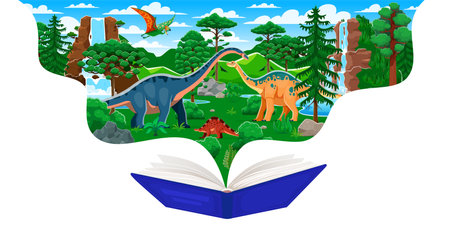 School textbook with prehistoric dinosaurs at Jurassic era landscape. Vector storytelling frame with dino species emerge from the pages of an open book. Imaginative adventure and discovery storyのイラスト素材