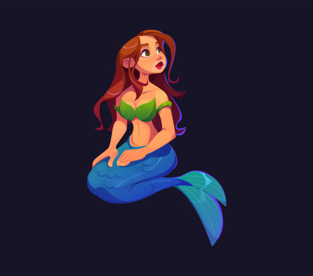 Cartoon mermaid character. Adorable cute underwater sea princess with brown flowing hair and shimmering tail, sitting with pensive face. Isolated vector personage of magical or pirate adventure storyのイラスト素材