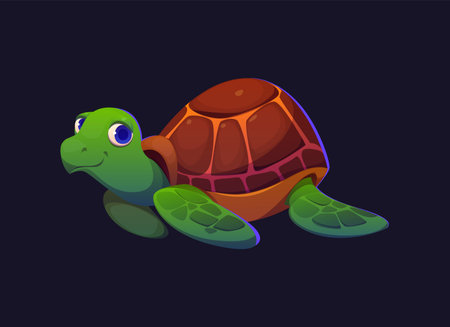 Cartoon turtle character, cute vector tortoise animal with green skin, flippers and brown shell. Funny little smiling turtle game or book personage. Isolated friendly and adorable aquatic reptilianのイラスト素材