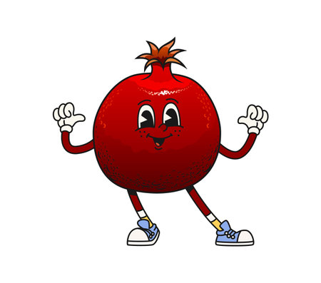 Cartoon groovy pomegranate fruit character with a happy face expression. Isolated vector retro tropical fruit personage has a bright red round body, expressive eyes, and wide smile, showing on itselfのイラスト素材