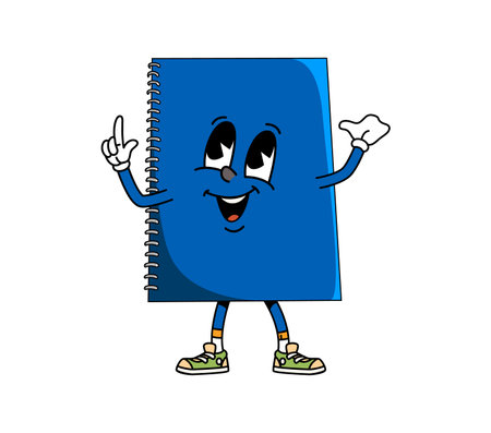 Cartoon groovy school notebook character. Isolated vector lively, retro groovy book or textbook personage with big expressive eyes and cheerful friendly smile, showing pointing gesture with finger upのイラスト素材