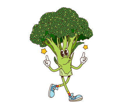 Cartoon groovy broccoli cabbage vegetable character, vector retro comic. Groovy funky broccoli with happy smile on face and whistling melody with good vibes gesture and stars for groovy food emojiのイラスト素材
