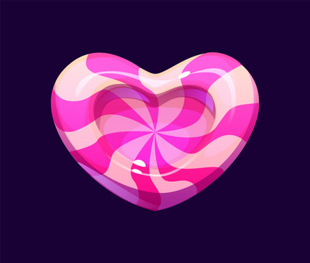 Cartoon valentine heart and pink candy sweets, lollypop and confectionery. Isolated vector glossy heart-shaped toffee with white and pink swirl pattern. Playful valentines day romantic treat dessertのイラスト素材