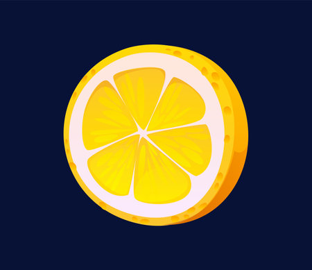 Cartoon lemon fruit slice, thin, circular piece of citrus fruit, showcasing its vibrant yellow rind and juicy, translucent flesh. Isolated vector radial piece with refreshing aroma and tangy flavorのイラスト素材