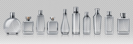 Cosmetic glass bottles with silver elements. Realistic 3d vector transparent cosmetics flasks, stylish and modern sprayer containers for fragrance and scent perfume branding or product presentationのイラスト素材