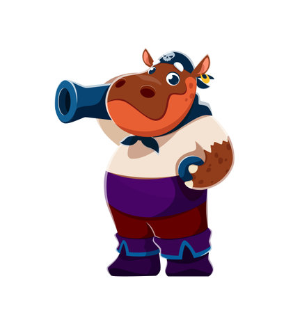Cartoon hippo animal pirate character. Corsair gunner hippopotamus sailor with cannon and cannonball. Cute vector personage of hippo animal pirate in sailor costume with skull, sea robber characterのイラスト素材