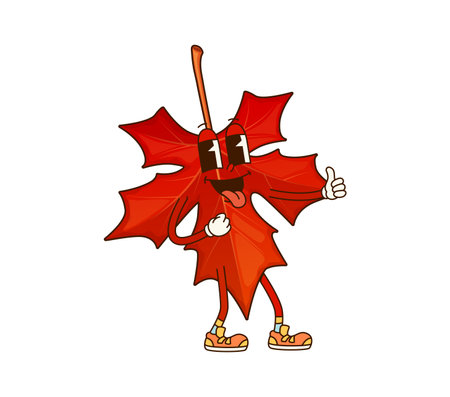 Cartoon groovy red maple leaf thanksgiving character expressing positivity and fun with a thumbs up. Isolated vector playful seasonal autumn leaf with joyful face ready for festive holiday celebrationのイラスト素材
