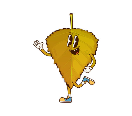 Cartoon groovy autumn fall leaf thanksgiving character with cheerful and lively expression, waving and dancing. Isolated vector playful seasonal funky tree leaf personage embodies joy and celebrationのイラスト素材