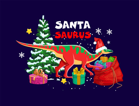 Cartoon dinosaur in Santa hat for Christmas holiday greeting with gifts bag, vector comic. Santasaurus funny dino lizard with Christmas tree and New Year presents with snow and snowflakes backgroundのイラスト素材