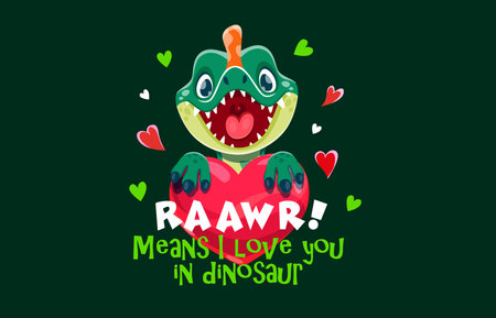 Dinosaur quote raawr means i love you in dinosaur. Adorable cartoon baby dino with a big smile, surrounded by colorful hearts. Playful vector quote conveys affection for Valentines Day greeting cardのイラスト素材