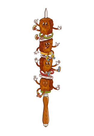 Cartoon kebab retro groovy barbeque character. Isolated vector playful grilled Bbq meat with vegetables on skewer. Food personage with big happy faces. Funny kebabs on skewer wearing vintage sneakersのイラスト素材