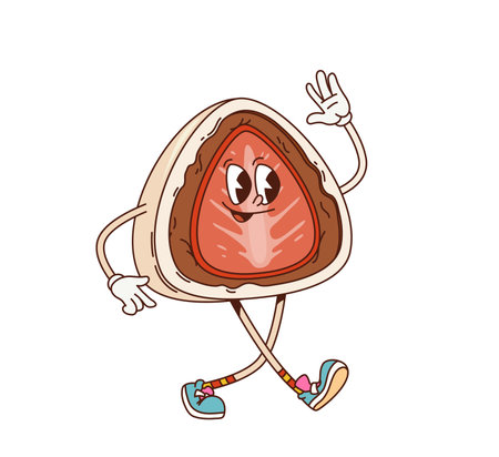 Groovy retro cartoon Japanese daifuku mochi character, vector happy comic sweet dessert. Groovy funny mochi pastry with silly smile walking with Hi gesture for Japanese cuisine food characterのイラスト素材