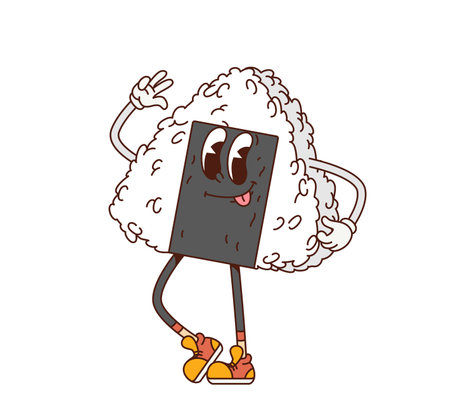 Cartoon retro groovy onigiri character of Japanese cuisine food, vector comic fun. Groovy onigiri character with happy face and funky yummy tongue smile for Asian and Japanese food cartoon kawaiiのイラスト素材