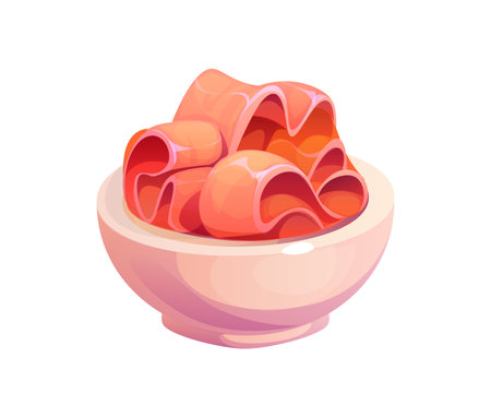Cartoon bowl of pickled ginger, condiment for Japanese sushi and rolls. Isolated vector rolled slices resting in a ceramic bowl. Inviting addition to any sushi meal in Asian, Japan food restaurantのイラスト素材