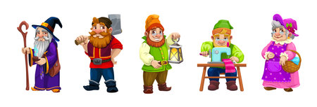 Cartoon gnome dwarf characters of miner, lumberjack and tailor, vector fairy tale personages. Gnomes or dwarfs workers, wizard with magic cane, woman gardener with basket for kids cartoon charactersのイラスト素材