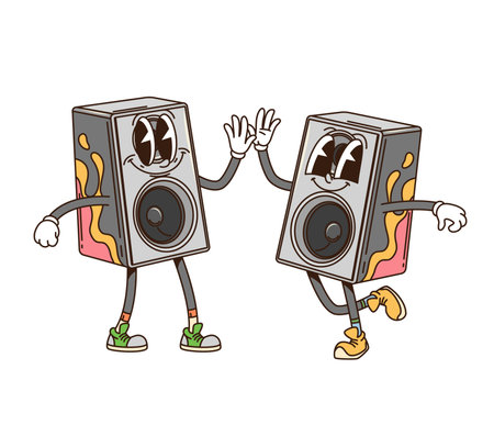 Groovy computer musical speakers as retro cartoon characters, vector funky comic. Groovy freaky PC computer or laptop music loudspeakers with happy smile and funny faces dancing with Hi Five gesturesのイラスト素材