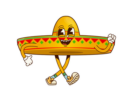 Funny groovy Mexican sombrero hat character. Isolated cartoon vector lively mariachi or latino cap with a wide smile, strutting confidently, wearing sneakers, and exuding a playful, celebratory energyのイラスト素材