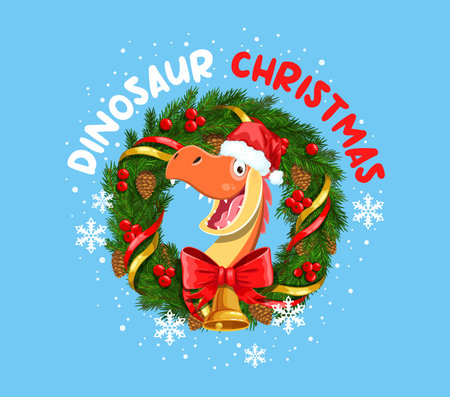 Christmas dinosaur greetings for winter holiday, cartoon funny lizard in Santa hat, vector banner. Dinosaur Santa with Christmas wreath, golden bell with ribbon, pine or fir tree cones and snowflakesのイラスト素材