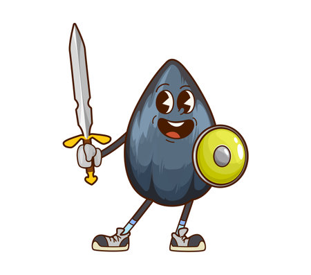 Groovy superhero sunflower seed knight character. Cartoon vector retro fairy tale warrior personage with shield and sword. Ancient fairytale soldier nut, isolated funny healthy food, funky defenderのイラスト素材