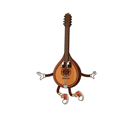Cartoon mandolin groovy musical instrument character. Isolated vector plucked fantasy retro personage with long vulture and strings. Asian smiling oriental instrument for playing ethnic or folk musicのイラスト素材