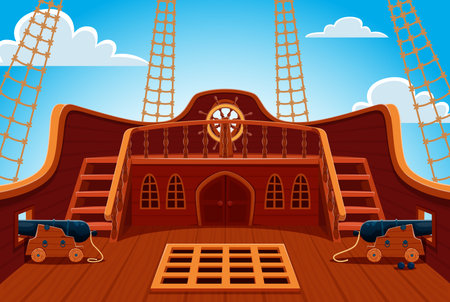 Pirate ship stern deck with steering wheel and cannons. Vector corsair frigate board with wooden wheel, cannons and rigging against bright blue sky, exudes adventure, maritime history and piracy vibeのイラスト素材