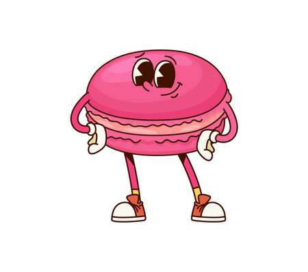 Bakery macaroon groovy character with big eyes and playful smile, bringing fun and joy vibe. Isolated cartoon vector dessert, lively sweet pastry personage standing in confident pose with arms akimboのイラスト素材
