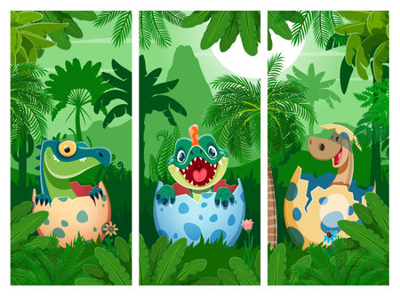 Cartoon funny dino kids in egg shell. Cute and adorable dinosaur babies hatching from colorful eggs in a lush, tropical jungle forest. Vector vertical cards with playful newborn children reptilesのイラスト素材