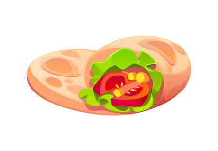 Wrap filled with fresh vegetables and greens. Isolated cartoon vector shawarma or burrito roll preparation cooking process with appetizing tortilla, tomatoes and lettuce healthy culinary ingredientsのイラスト素材