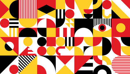 Black, red, yellow and white abstract modern geometric pattern, vector background. Color shapes and mosaic pattern tile with simple geometric figures of triangle and circle elements for backgroundのイラスト素材
