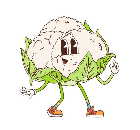 Cartoon groovy cauliflower cabbage vegetable character, vector retro funky comic. Groovy funny cauliflower with cheerful face and silly freaky smile for vegetable food emoji characterのイラスト素材