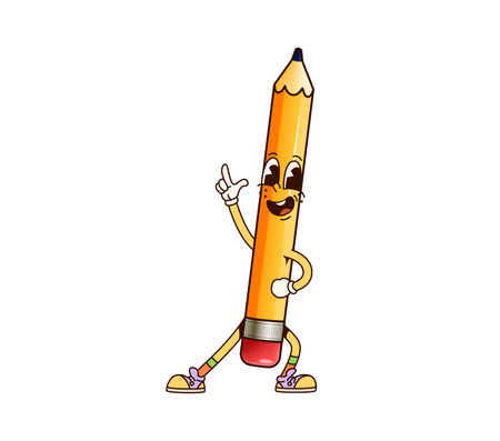 School education pencil groovy character. Isolated cartoon vector cheerful retro stationery personage enjoying disco dance movements with expression of excitement. Educational and playful writing toolのイラスト素材
