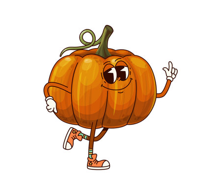 Groovy pumpkin vegetable character with friendly expression. Cartoon vector gourd veggie fun personage with a cute curly stem and trendy sneakers, for autumn, Halloween, or Thanksgiving harvest themesのイラスト素材