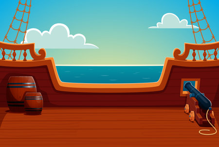 Pirate ship deck with wooden barrels and a cannon, set against a serene ocean backdrop. Cartoon vector game background captures the adventurous corsair spirit of maritime life and open sea explorationのイラスト素材