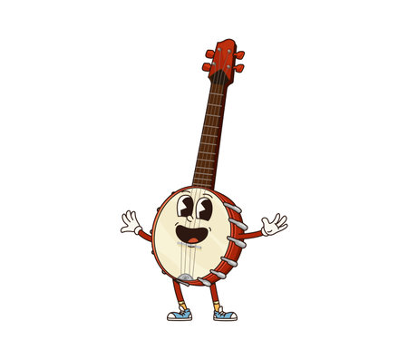 Cartoon banjo groovy musical instrument character. Isolated vector plucked fantasy personage with long vulture and strings playing folk, country, ethnic music. American vintage smiling instrumentのイラスト素材