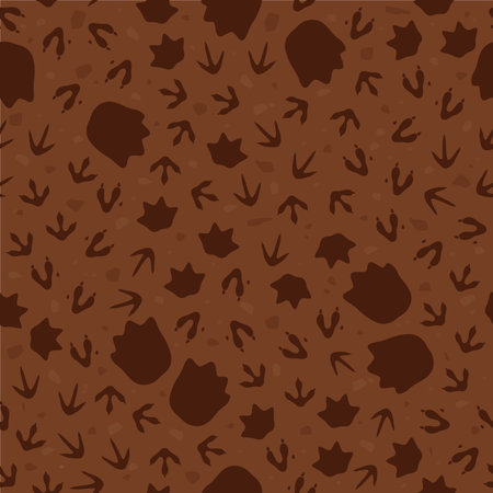Dinosaur footprint seamless pattern. Cartoon vector background with prehistoric dino fossil, ancient reptile animal paw prints. Wallpaper with Jurassic era archaeological and paleontology findsのイラスト素材