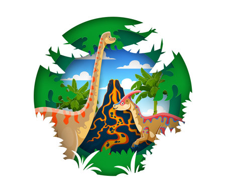 Paper cut prehistoric landscape with volcano and dinosaurs. 3d vector round papercut frame with Parasaurolophus and Brachiosaurus dino species at ancient landscape with erupting volcano and palm treesのイラスト素材