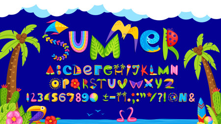 Summer font, beach party type, tropical vacation typeface, holiday alphabet on blue sea and sky vector background. Cartoon letters and numbers summer font with tropical palms, wave, sun and ice creamのイラスト素材