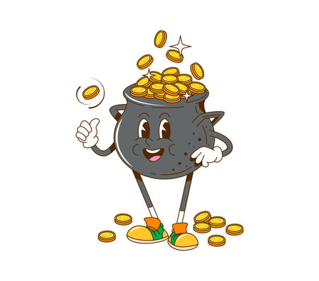 Cartoon retro groovy golden pot character with coins. Isolated vector playful cauldron personage celebrating St. Patrick Day holiday, symbolizing wealth and treasure, luck, happiness and prosperityのイラスト素材