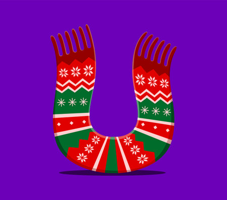 Merry Christmas font alphabet, letter U as knitted scarf for Xmas festive typeface, cartoon vector. Christmas font or New Year type for winter holiday greetings, letter U knitted scarf with snowflakesのイラスト素材