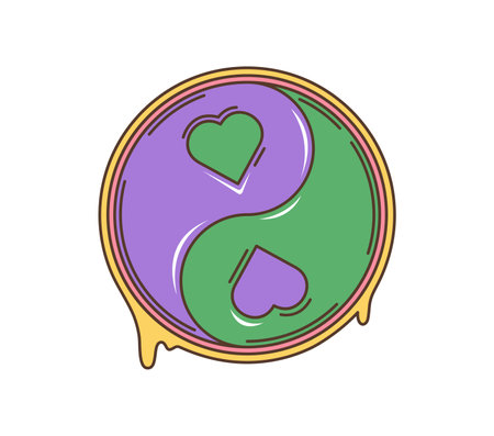 Cartoon retro groovy hippie yin-yang symbol. Isolated vector circular yin yang badge featuring a sign with hearts in purple and green colors with a flowing, melting effect around the edges.のイラスト素材