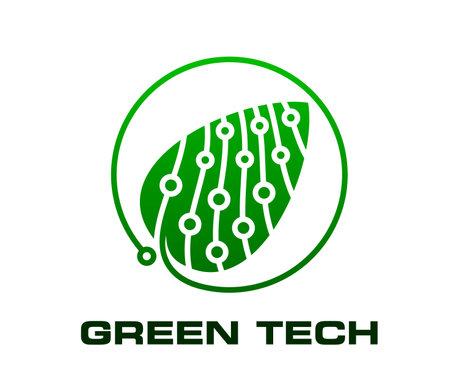 Green tech icon, smart digital farm and eco green energy technology. Vector symbol of leaf for eco-friendly smart farming service, sustainable agriculture, clean energy, and innovative tech brandingのイラスト素材