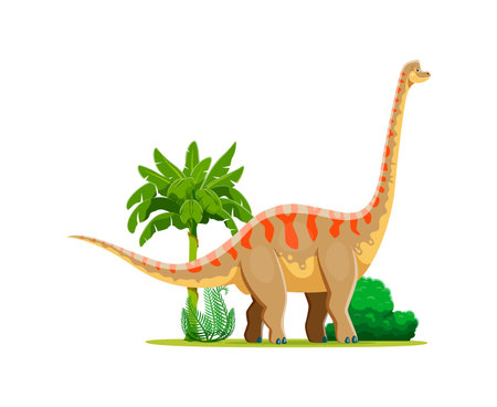 Dinosaur, cartoon prehistoric lizard of Brachiosaurus species, vector funny dino character. Brachiosaurus dinosaur of Jurassic era in jungle forest park for kids paleontology book or atlas collectionのイラスト素材
