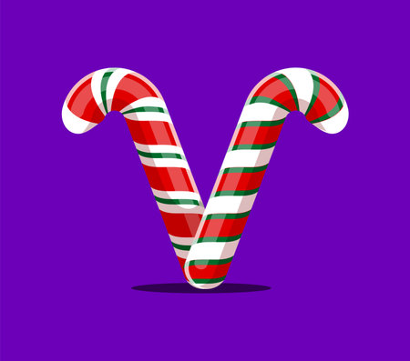 Christmas font and Xmas alphabet letter V candy cane for festive typeface, cartoon vector type. Merry Christmas font letter V as winter holiday caramel candy cane for New Year alphabet typefaceのイラスト素材