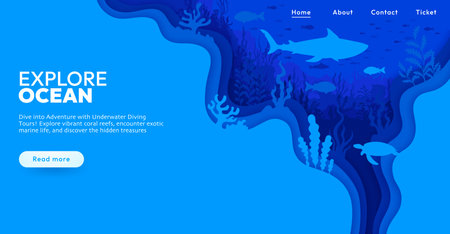 Landing page with paper cut underwater landscape. Vector web banner featuring a variety of marine life like shark, fish and turtle among coral reefs inviting adventure and exploration for diving toursのイラスト素材