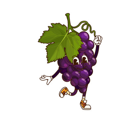 Cartoon groovy grape fruit thanksgiving character. Isolated vector playful bunch of grapes personage with a green leaf, exuding funky joy and retro energy with lively pose and cheerful expressionのイラスト素材