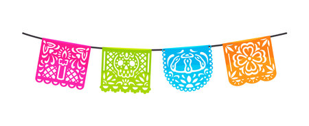 Mexican day of the dead dia de los muertos paper cut flags. Holiday, papel picado banners with traditional candle, sugar skull, pan de muerto bread and flower patterns for decorating cultural eventsのイラスト素材