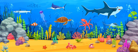 Cartoon underwater landscape, game background with sea animals like a shark, fish shoals and turtle, swordfish, octopus and jellyfish swimming between seaweeds. Vector seafloor wallpaper or game levelのイラスト素材