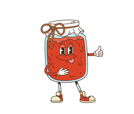 Retro cartoon groovy breakfast jam character. Isolated vector cheerful sweet food personage with a friendly face, sticking out its tongue, and giving a thumbs-up, tied with a bow, wearing sneakersのイラスト素材