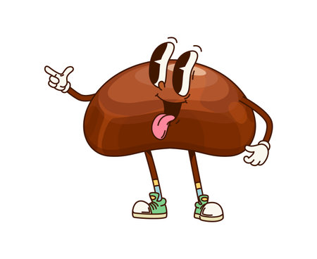 Groovy chocolate candy sweet character with a playful expression, sticking out its tongue and wearing sneakers. Isolated cartoon vector pastry treat exudes fun, embodying a sense of joy and groovinessのイラスト素材